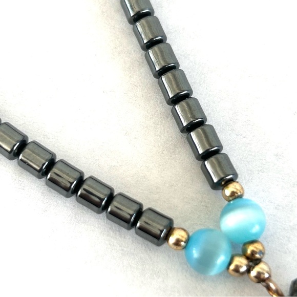 Vintage Carved Stone Cat Pendant Hematite And Blue Cat Eye Beaded Necklace 17” - Picture 5 of 9